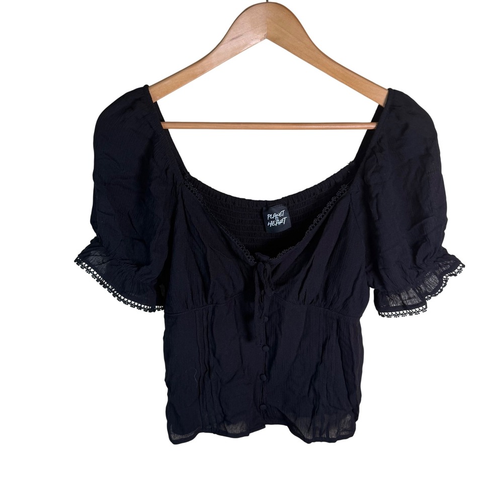 Planet Heart Milkmaid Blouse Womens SM Black Puff Sleeve Peplum Smocked Lace Top